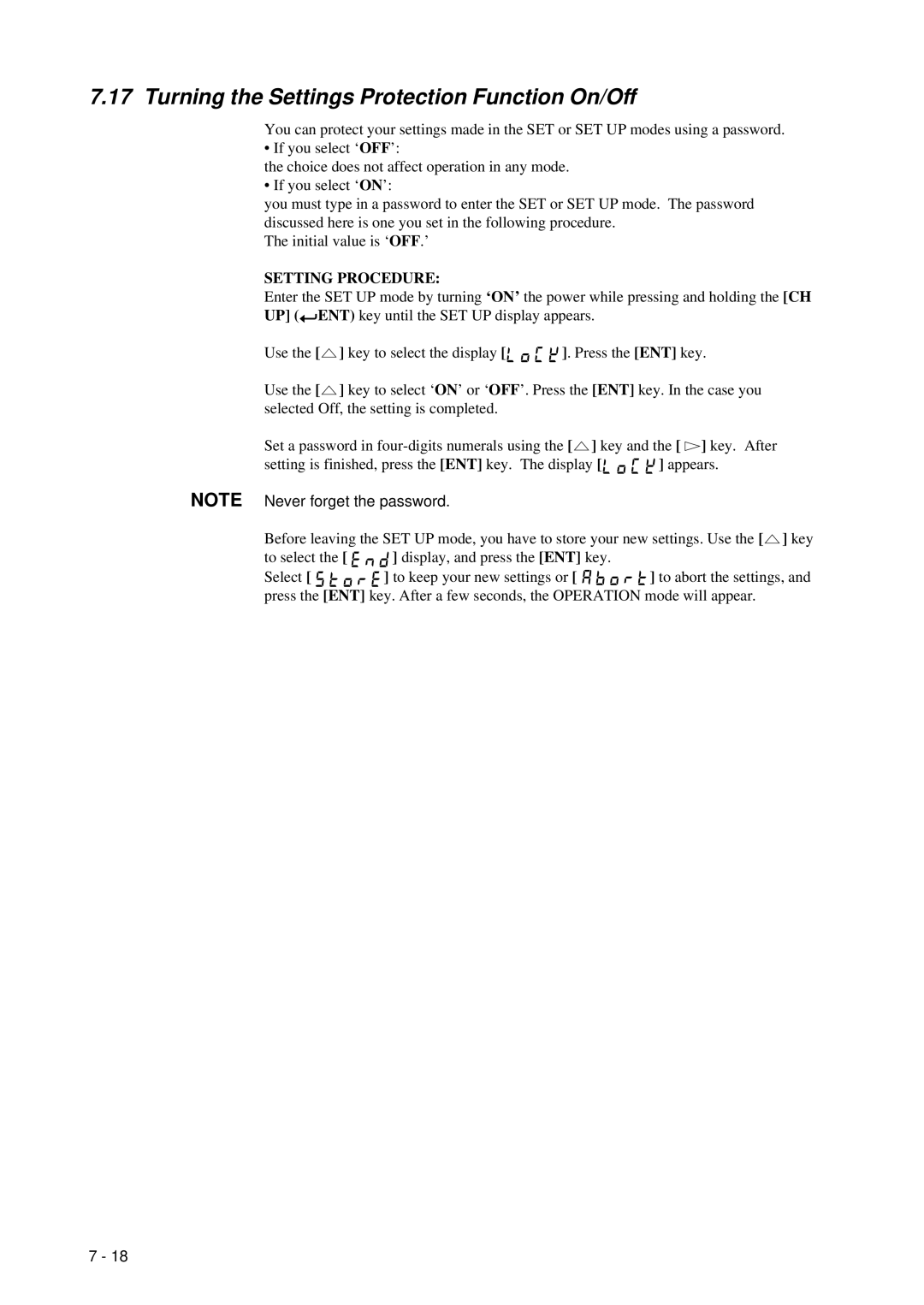 Omega RD260A instruction manual Turning the Settings Protection Function On/Off 