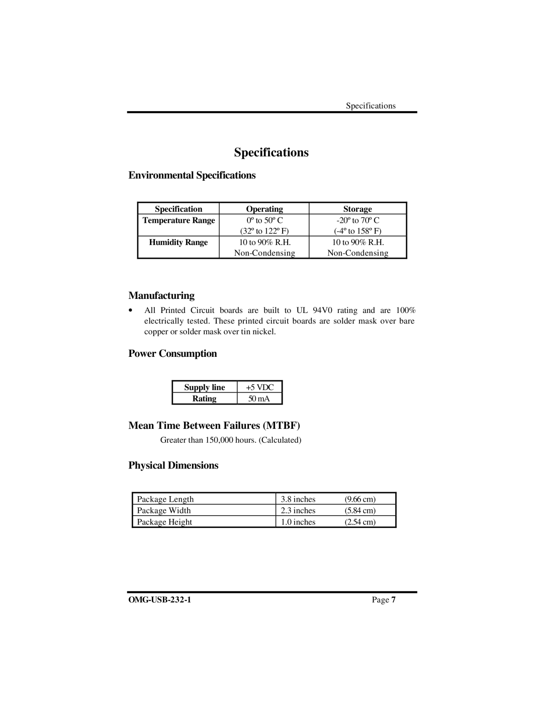 Omega RS-232 manual Specifications 