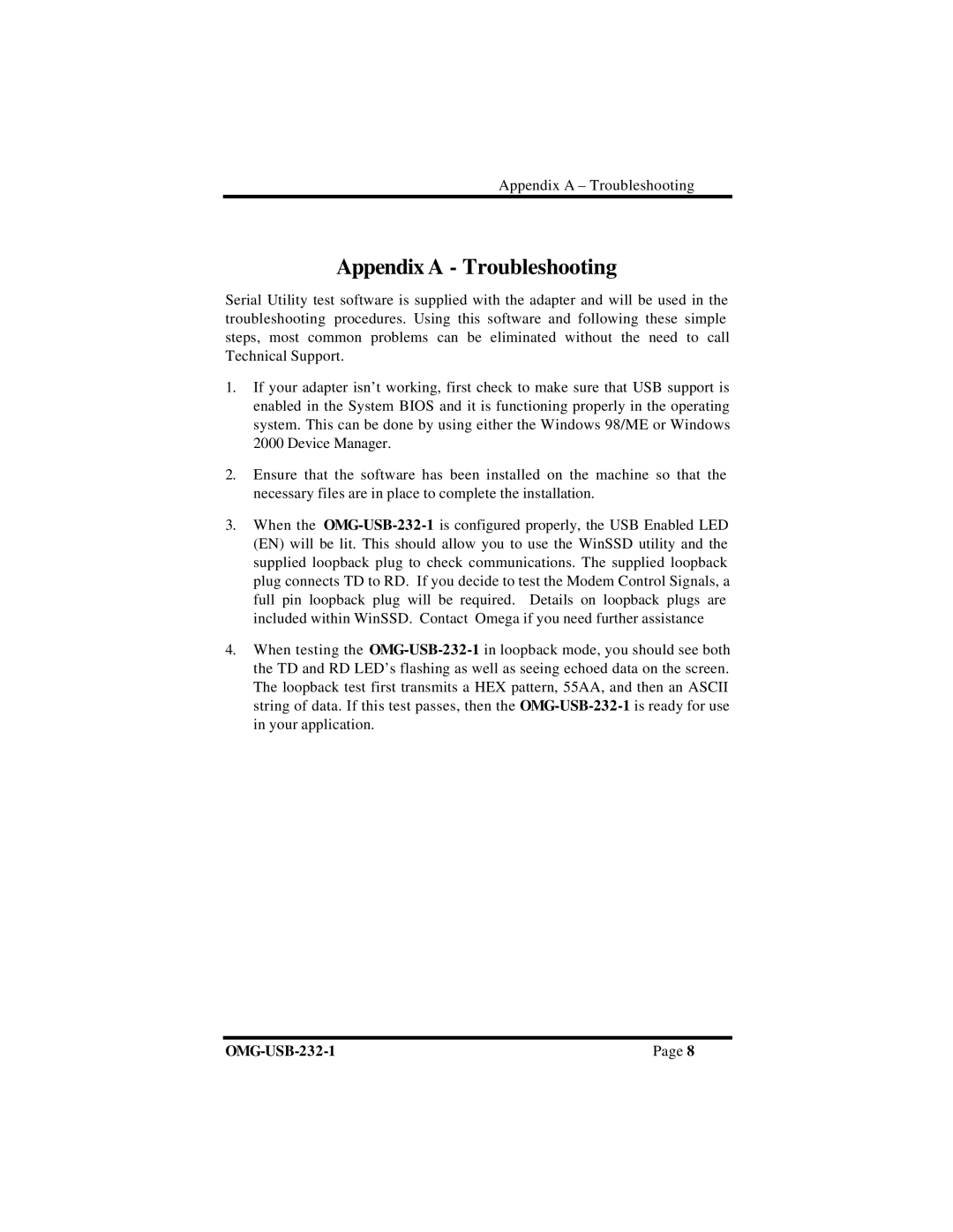 Omega RS-232 manual Appendix a Troubleshooting 