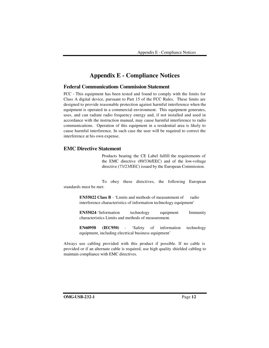 Omega RS-232 manual Appendix E Compliance Notices, EN60950 IEC950 ‘Safety 