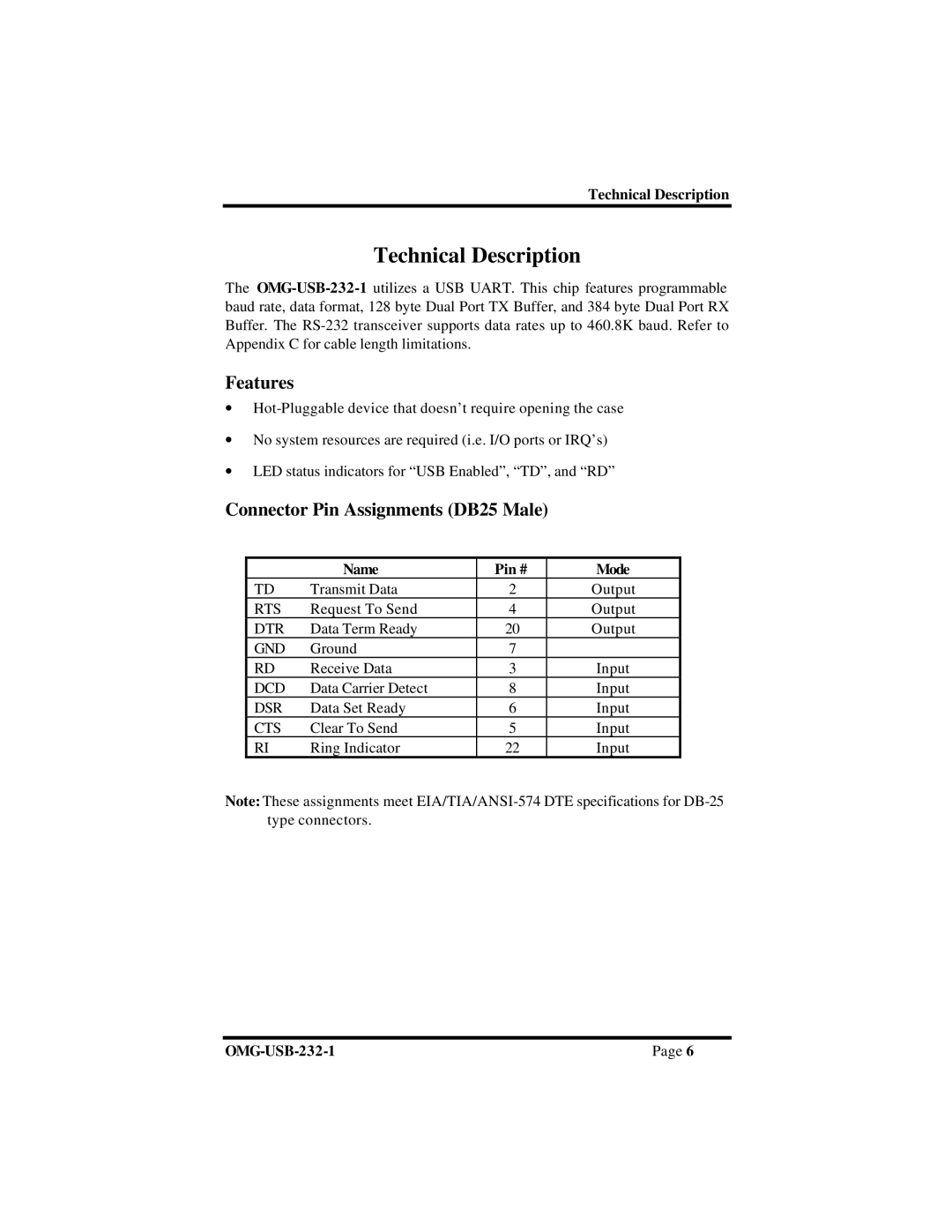 Omega RS-232 manual Technical Description, Features, Connector Pin Assignments DB25 Male 