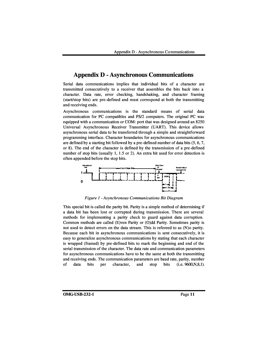 Omega RS-232 manual Appendix D - Asynchronous Communications, Asynchronous Communications Bit Diagram, OMG-USB-232-1, Page 