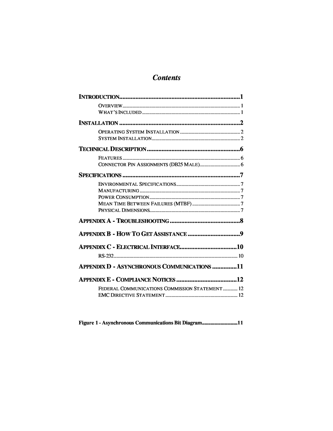 Omega RS-232 manual Appendix C - Electrical Interface, Contents, Appendix E - Compliance Notices, Technical Description 