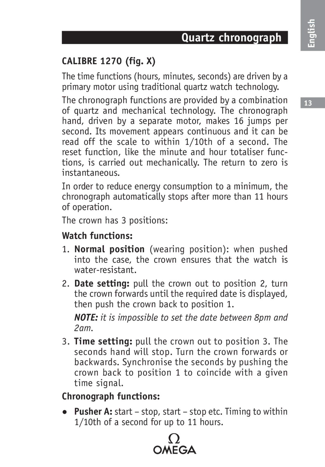 Omega SA 1400, 2520, 2500, 1538, 1120, 1532, 1108 Quartz chronograph, Calibre 1270 fig, Watch functions, Chronograph functions 