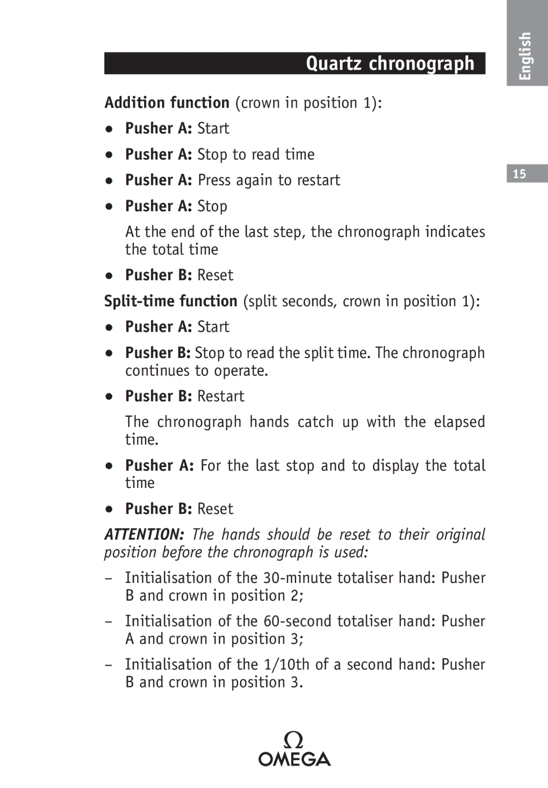 Omega SA 1108, 2520, 2500, 1538, 1120 Addition function crown in position, Pusher a Start, Pusher a Stop, Pusher B Restart 
