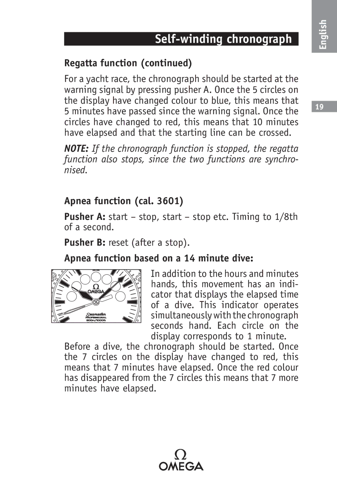 Omega SA 2520, 2500, 1538, 1120, 1400, 1532 Regatta function, Apnea function cal, Apnea function based on a 14 minute dive 