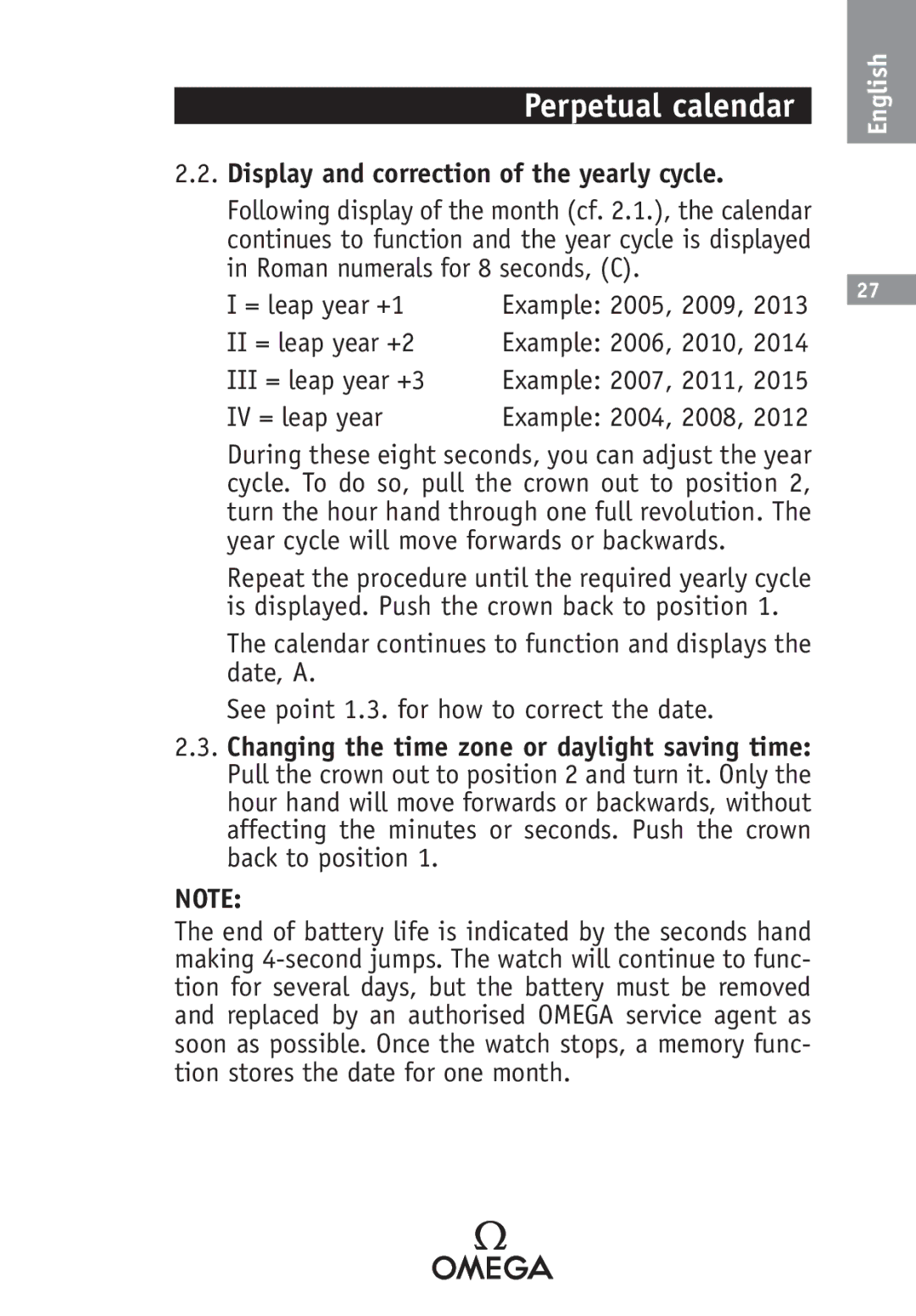 Omega SA 1424, 2520, 2500, 1538, 1120, 1400, 1532, 1108, 1680, 1530 manual Display and correction of the yearly cycle 