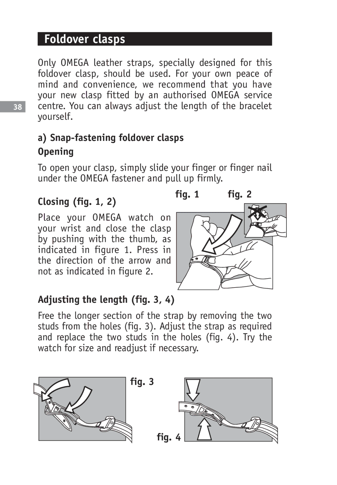 Omega SA 1530, 2520, 2500, 1538, 1120 Foldover clasps, Snap-fastening foldover clasps Opening, Closing, Adjusting the length 