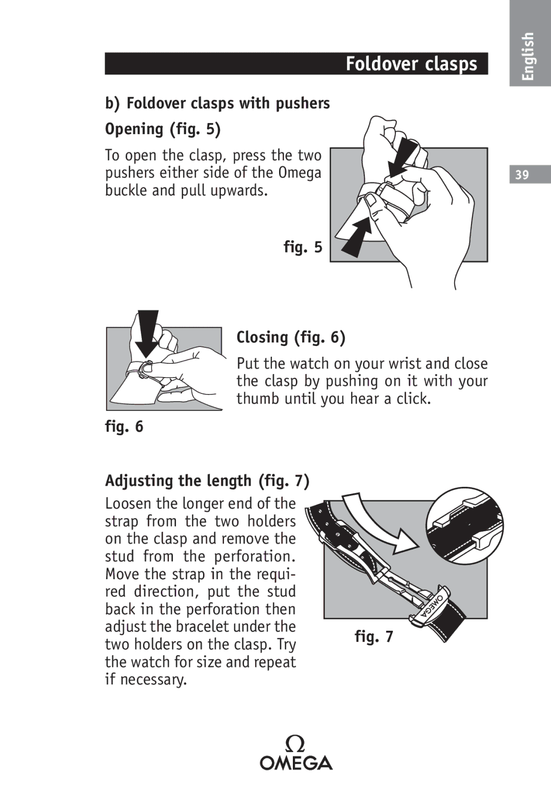 Omega SA 2520, 2500, 1538, 1120, 1400, 1532 Foldover clasps with pushers Opening fig, Closing fig, Adjusting the length fig 
