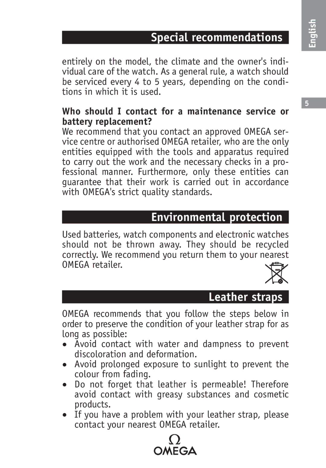 Omega SA 1108, 2520, 2500, 1538, 1120, 1400, 1532, 1680, 1424, 1530 manual Environmental protection, Leather straps 