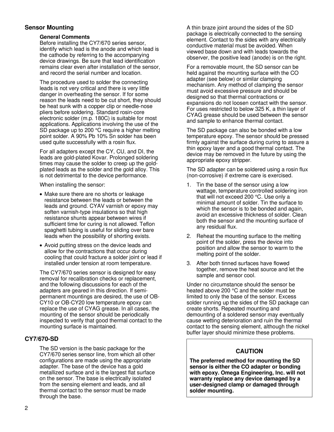 Omega Speaker Systems CY670 Series manual Sensor Mounting, CY7/670-SD, General Comments 