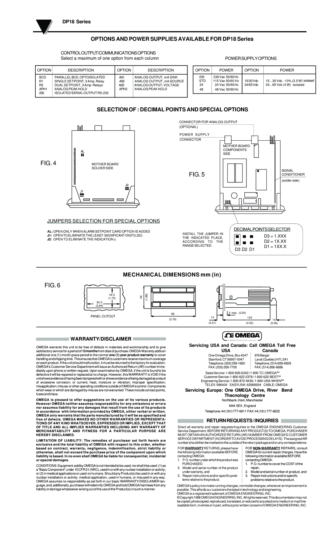 Omega Speaker Systems DP18-AT2 Selection of Decimal Points and Special Options, Controloutput/Communicationsoptions 