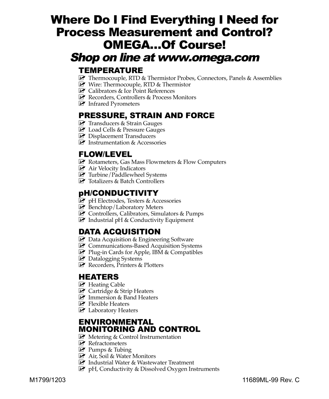 Omega Speaker Systems DPF700 manual Temperature, PRESSURE, Strain and Force, Flow/Level, Data Acquisition, Heaters 