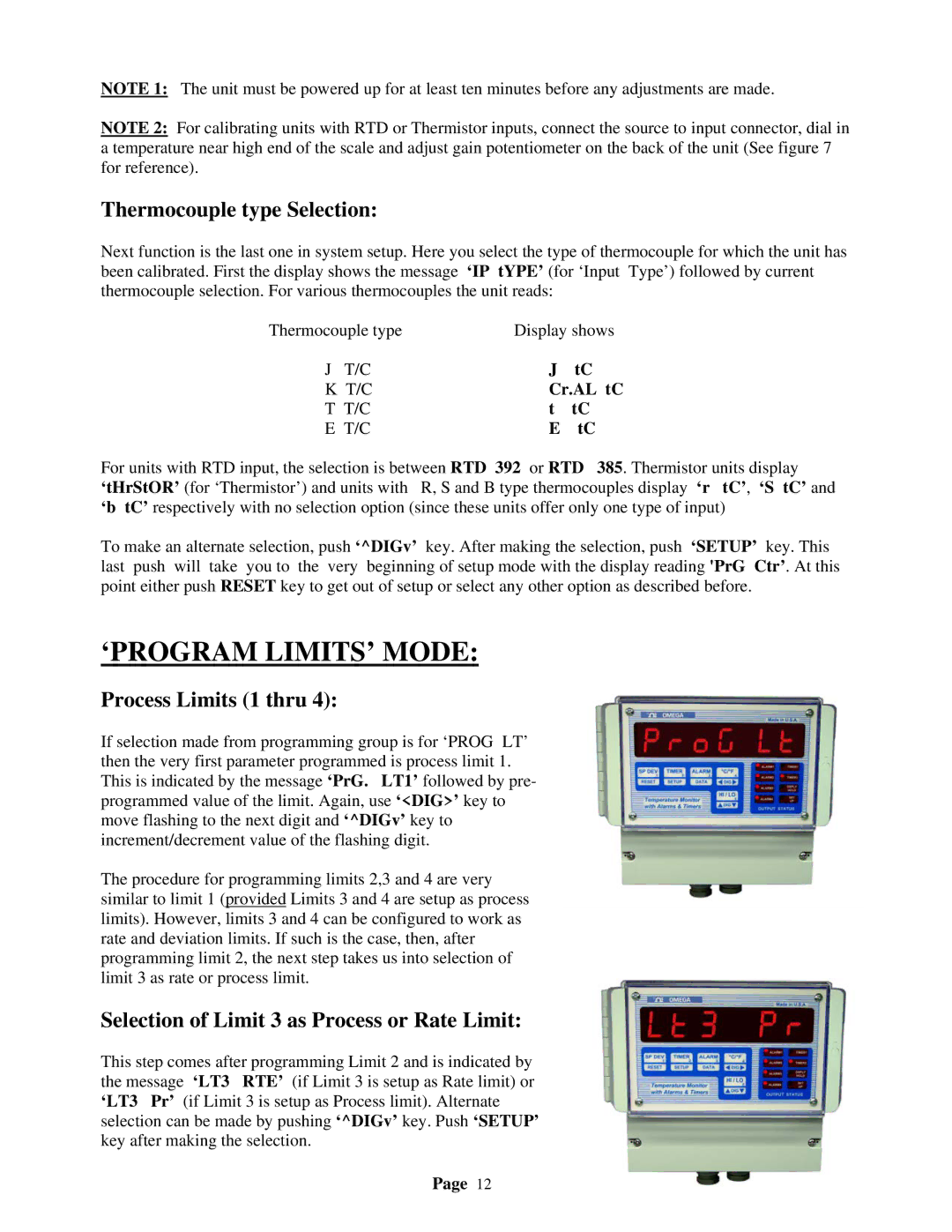 Omega Speaker Systems DPS3301 manual ‘PROGRAM LIMITS’ Mode, Thermocouple type Selection, Process Limits 1 thru 