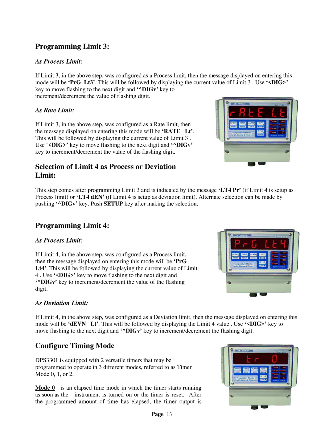 Omega Speaker Systems DPS3301 manual Programming Limit, Selection of Limit 4 as Process or Deviation, Configure Timing Mode 