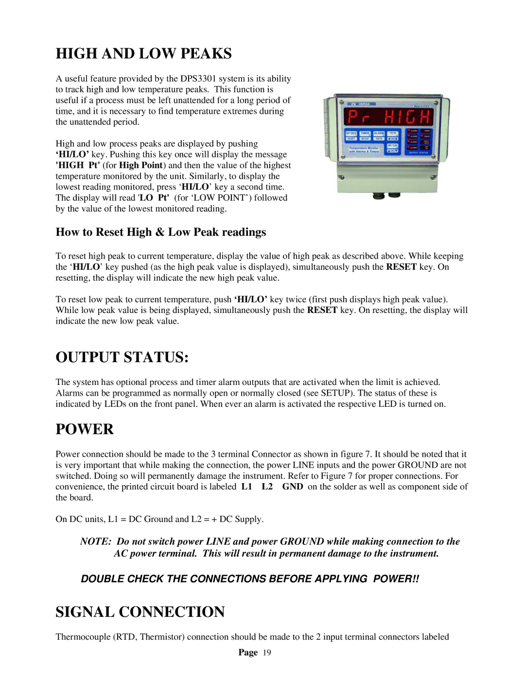 Omega Speaker Systems DPS3301 manual High and LOW Peaks, Output Status, Power, Signal Connection 