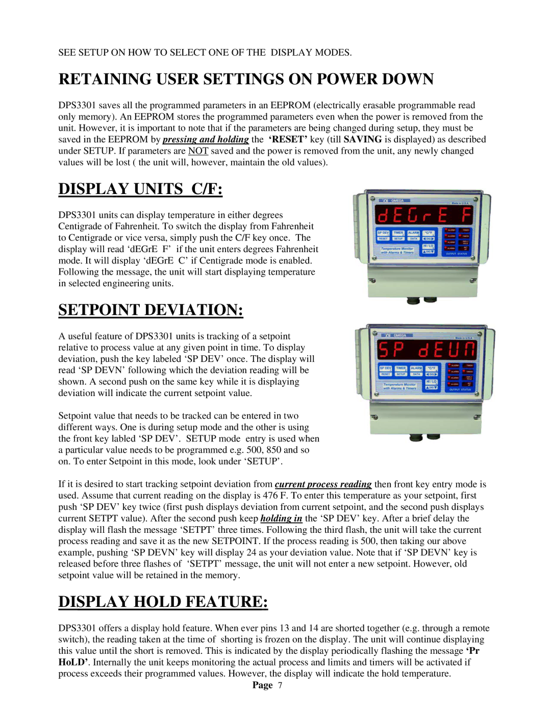 Omega Speaker Systems DPS3301 manual Retaining User Settings on Power Down, Display Units C/F, Setpoint Deviation 