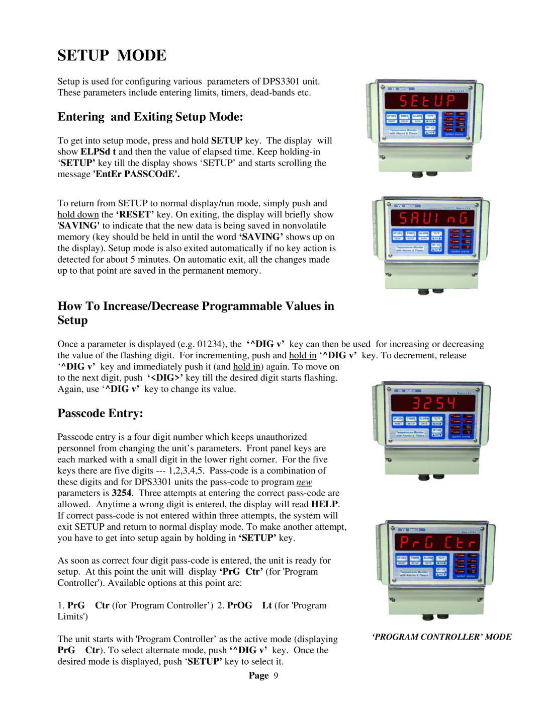 Omega Speaker Systems DPS3301 Entering and Exiting Setup Mode, How To Increase/Decrease Programmable Values Setup 