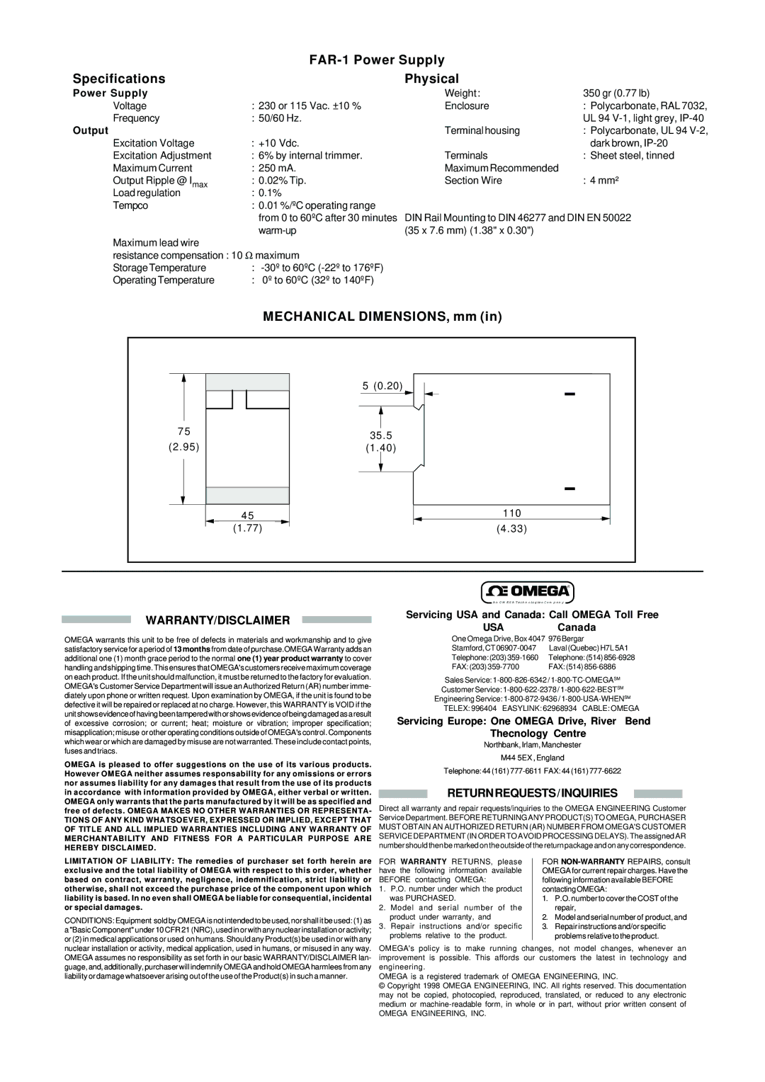 Omega Speaker Systems FAR-1 Series instruction sheet FAR-1 Power Supply Specifications Physical, Mechanical DIMENSIONS, mm 