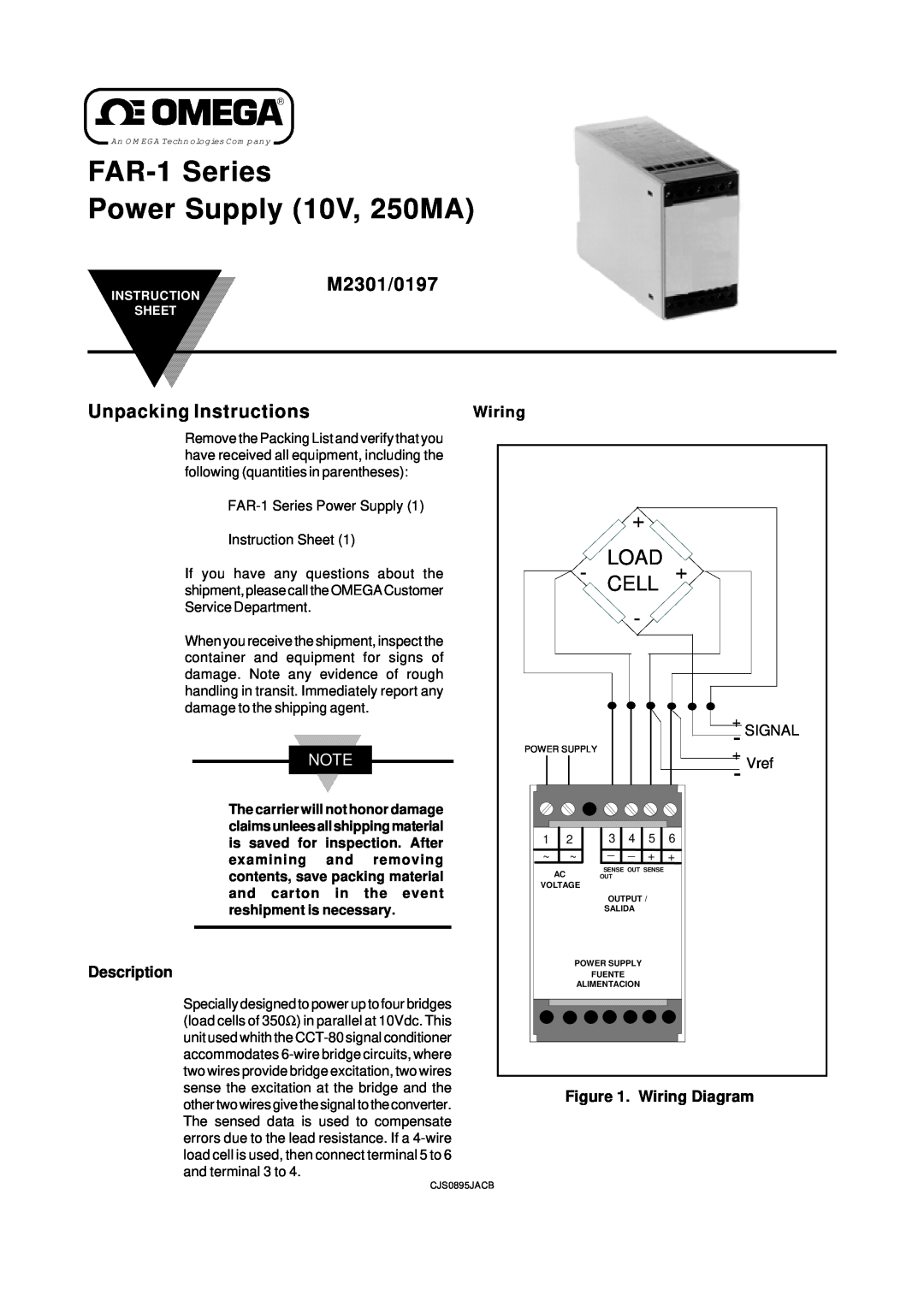 Omega Speaker Systems instruction sheet Description, Wiring Diagram, FAR-1 Series Power Supply 10V, 250MA, Load 