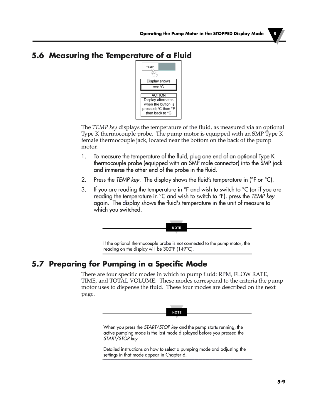 Omega Speaker Systems FPU5-MT-110 manual Measuring the Temperature of a Fluid, Preparing for Pumping in a Specific Mode 