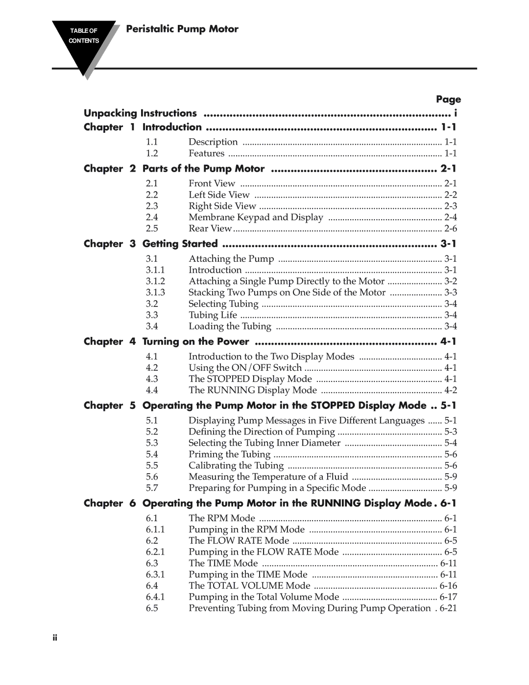 Omega Speaker Systems FPU5-MT-110, FPU5-MT-220 manual Table of Peristaltic Pump Motor 