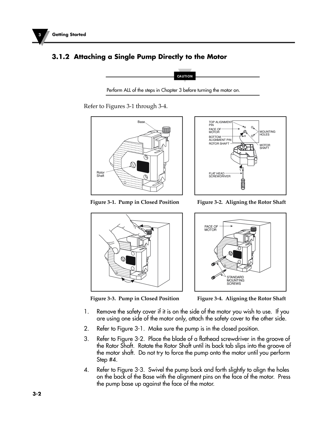Omega Speaker Systems FPU5-MT-220 manual Refer to Figures 3-1through, 1.Pump in Closed Position, 2.Aligning the Rotor Shaft 