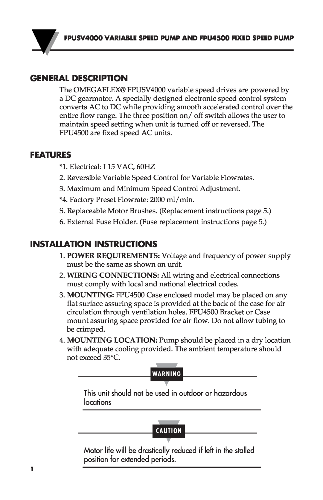 Omega Speaker Systems FPUSV4000, FPU4500 manual General Description, Features, Installation Instructions 