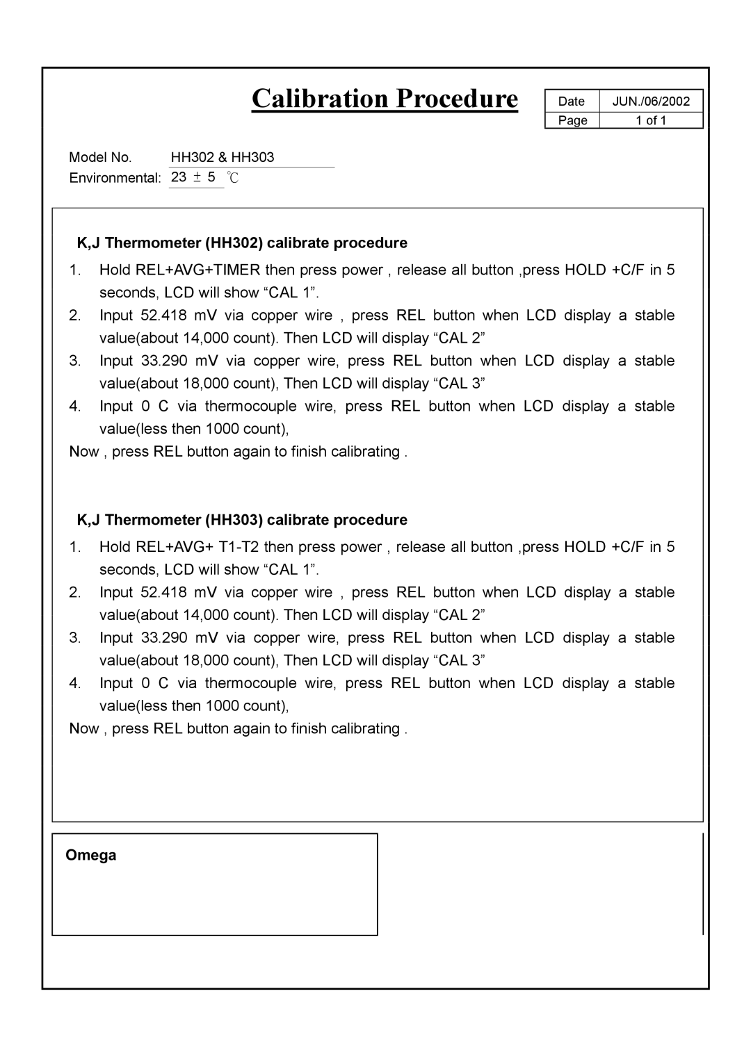 Omega Speaker Systems HH303 manual Calibration Procedure 