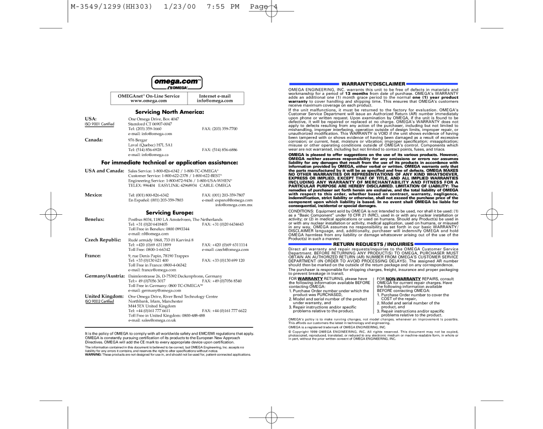 Omega Speaker Systems HH303 manual Omega.comTM 