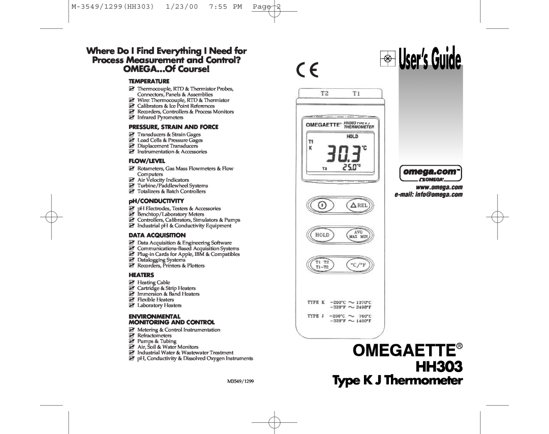 Omega Speaker Systems manual User’s Guide, OMEGANETTE HH303, Type K J Thermometer, OMEGA…Of Course, omega.comTM 