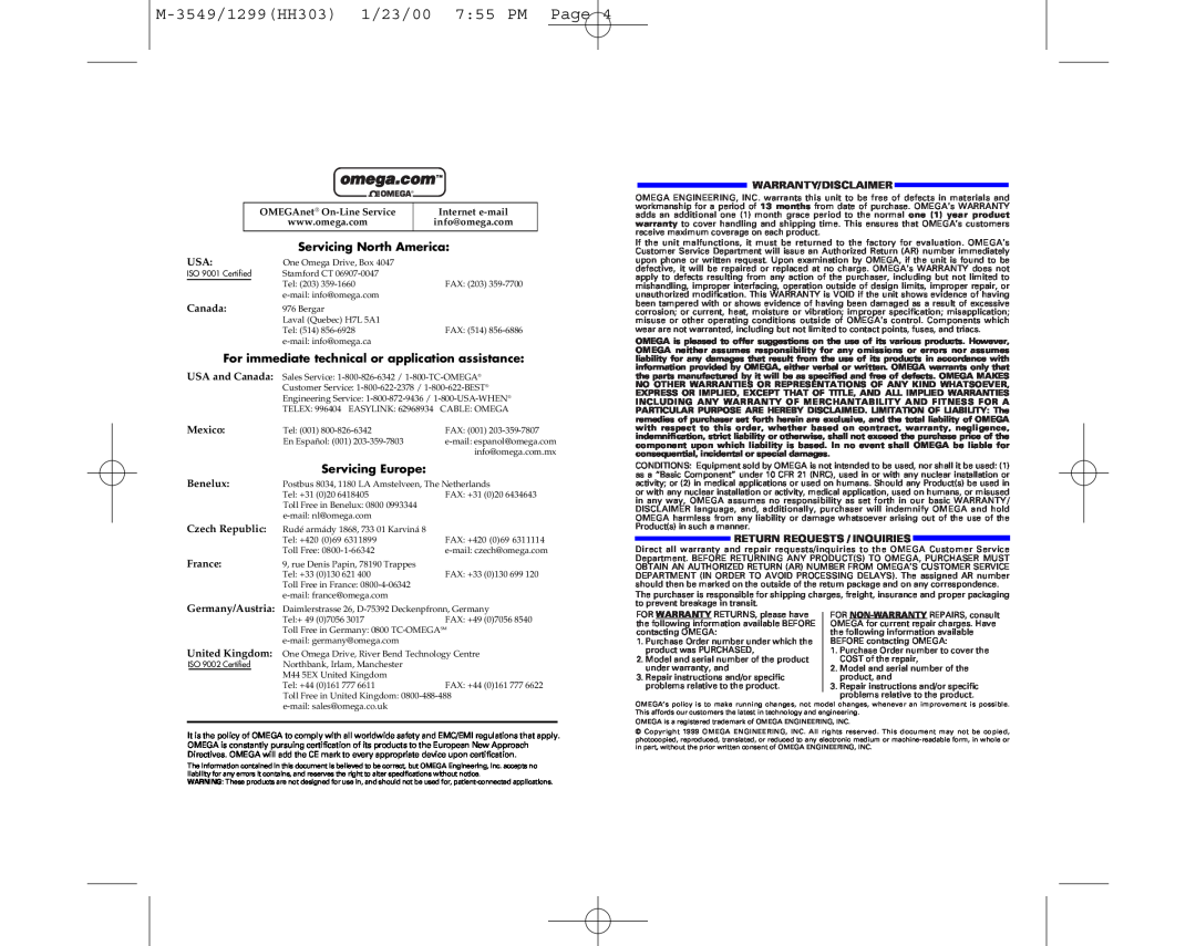 Omega Speaker Systems manual M-3549/1299HH303 1/23/00 755 PM Page, omega.comTM, Servicing North America, Canada, Mexico 
