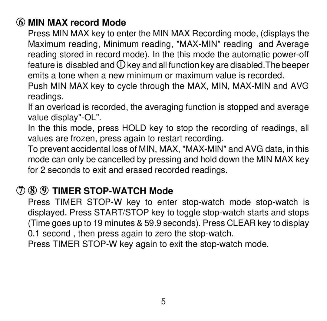 Omega Speaker Systems HH501AE manual MIN MAX record Mode, Timer STOP-WATCH Mode 