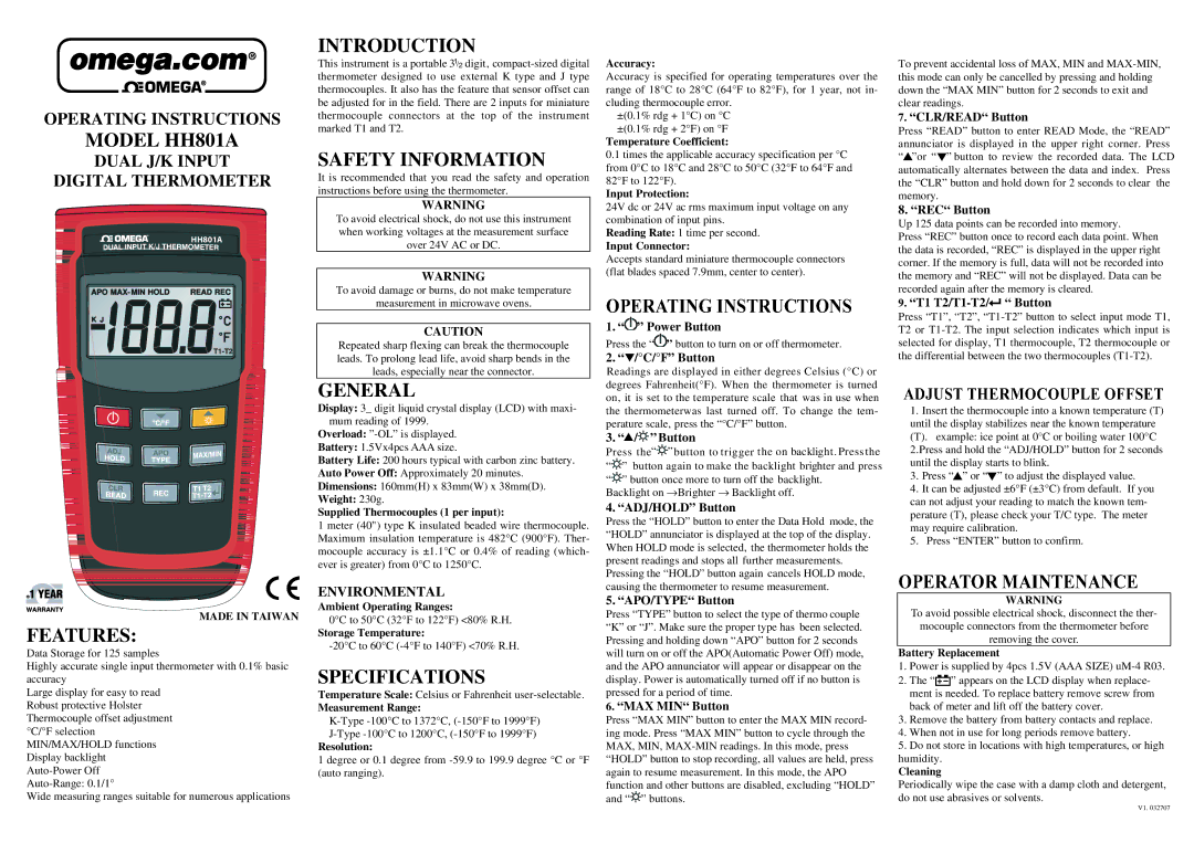 Omega Speaker Systems manual Model HH801A, Introduction, Safety Information, Features, General, Specifications 