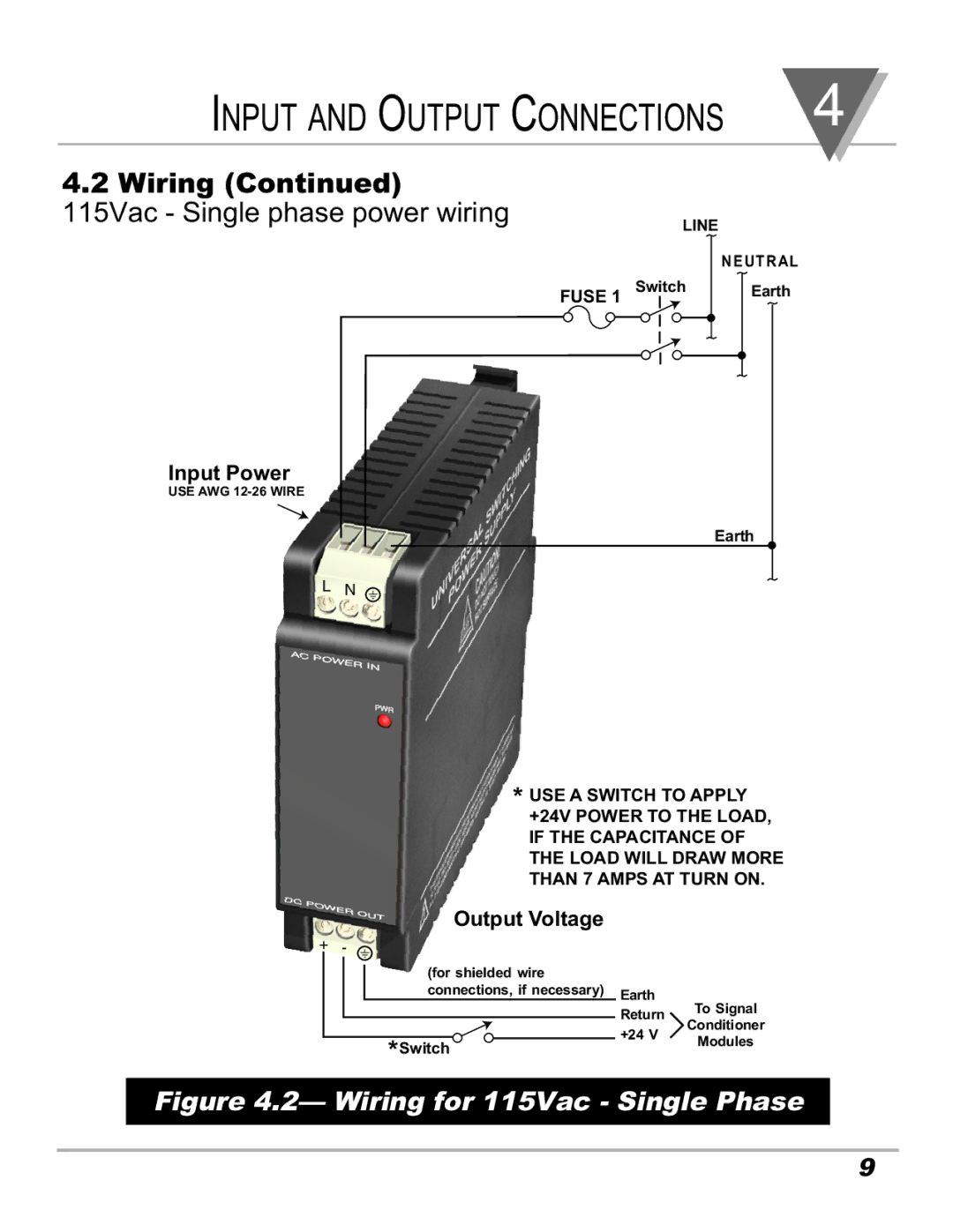 Omega Speaker Systems iDRN-PS-1000 manual Input and Output Connections, Wiring 115Vac Single phase power wiring 