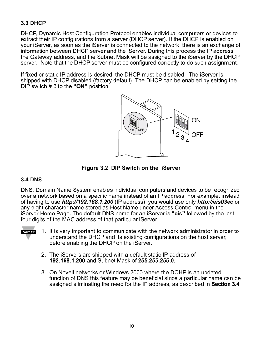 Omega Speaker Systems iLD Series manual Dhcp, DIP Switch on the iServer DNS 