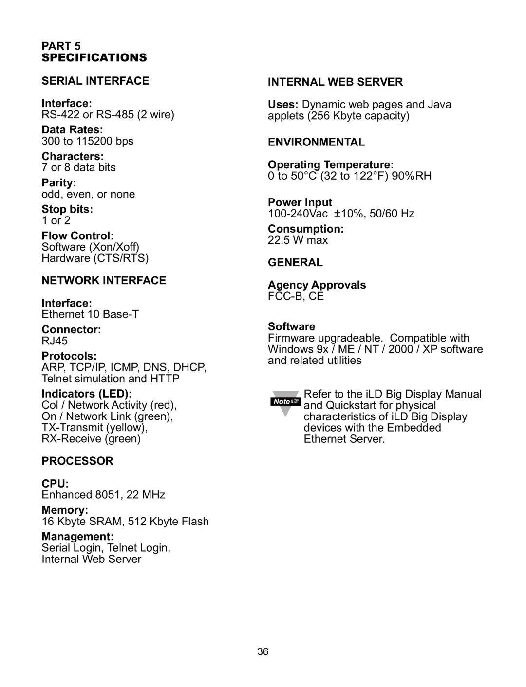 Omega Speaker Systems iLD Series Part Specifications Serial Interface, Network Interface, Processor CPU, Environmental 