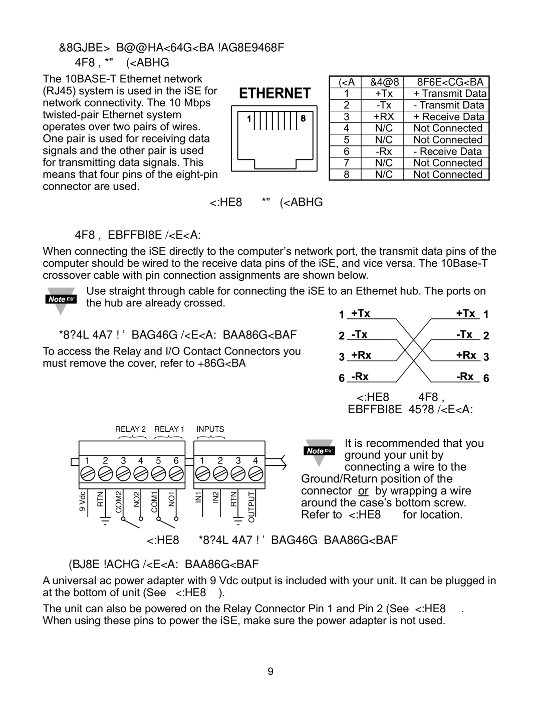 Omega Speaker Systems iSE-TC manual Network Communication Interfaces 1 10Base-T RJ-45 Pinout, Crossover Cable Wiring 