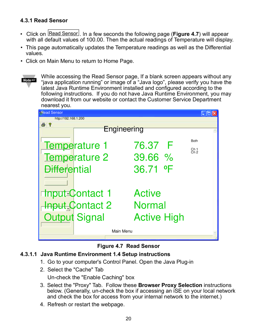 Omega Speaker Systems iSE-TC manual Read Sensor Java Runtime Environment 1.4 Setup instructions 