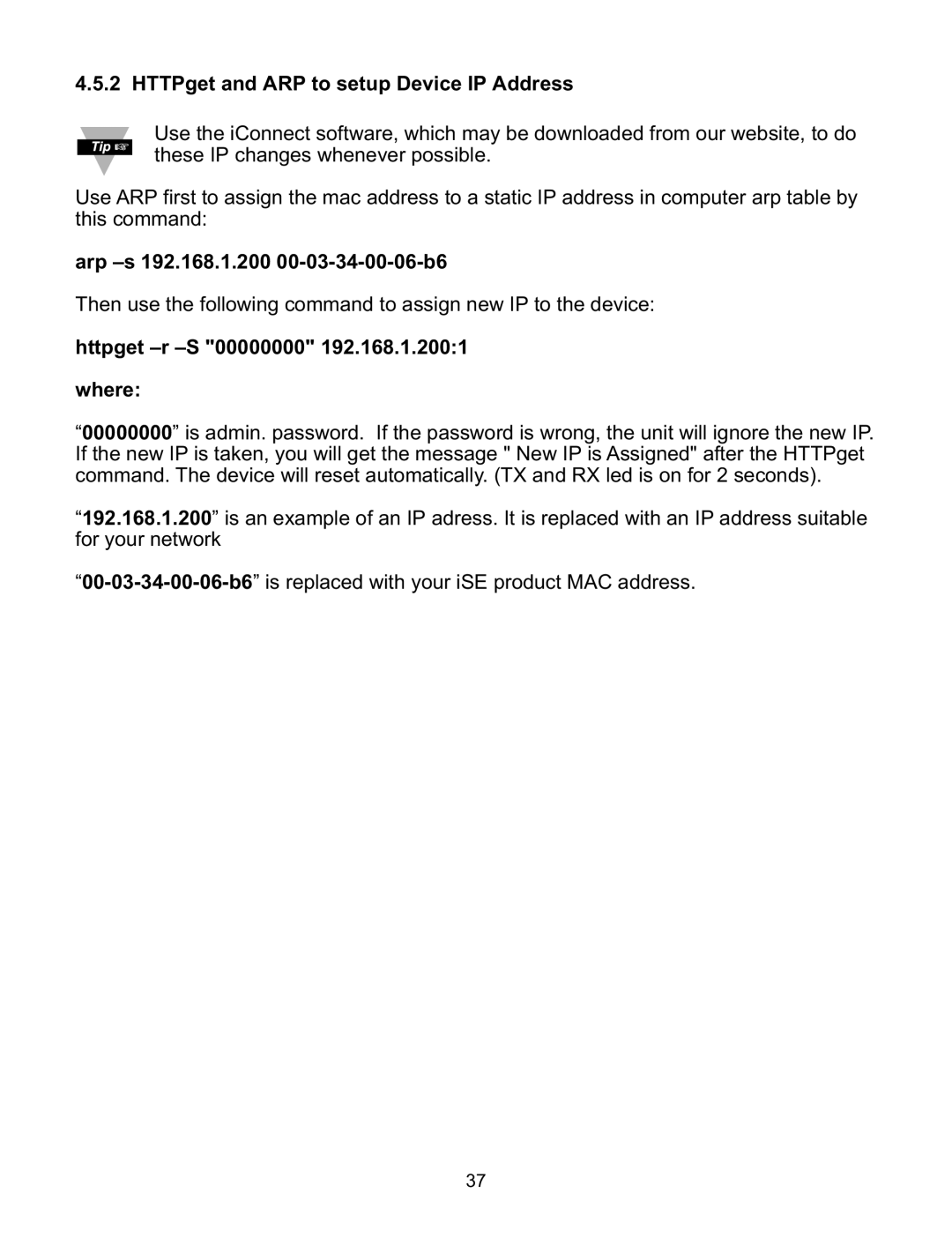 Omega Speaker Systems iSE-TC HTTPget and ARP to setup Device IP Address, Arp -s 192.168.1.200 00-03-34-00-06-b6, Where 