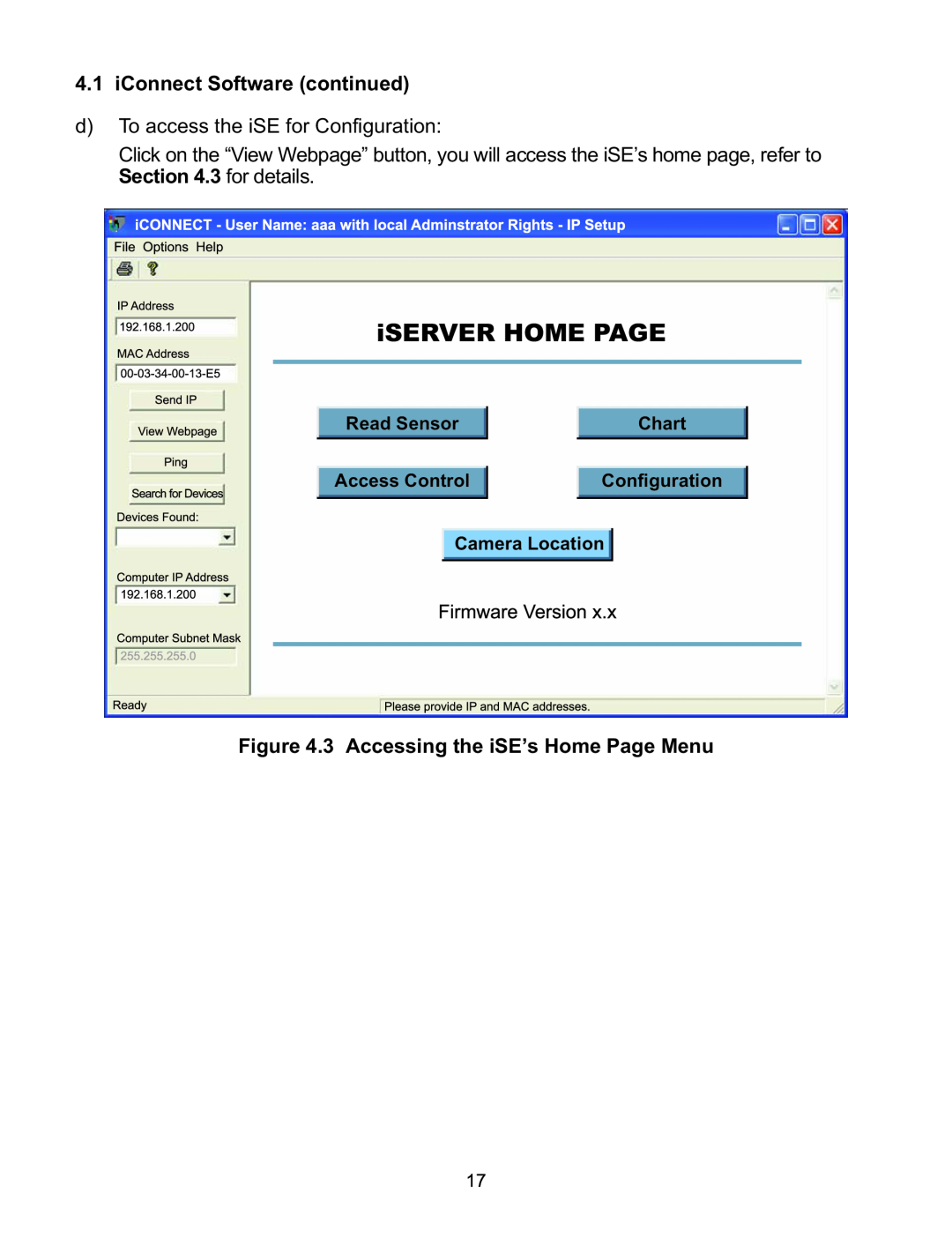 Omega Speaker Systems iSE-TC manual iSERVER HOME PAGE, iConnect Software continued, 3 Accessing the iSE’s Home Page Menu 