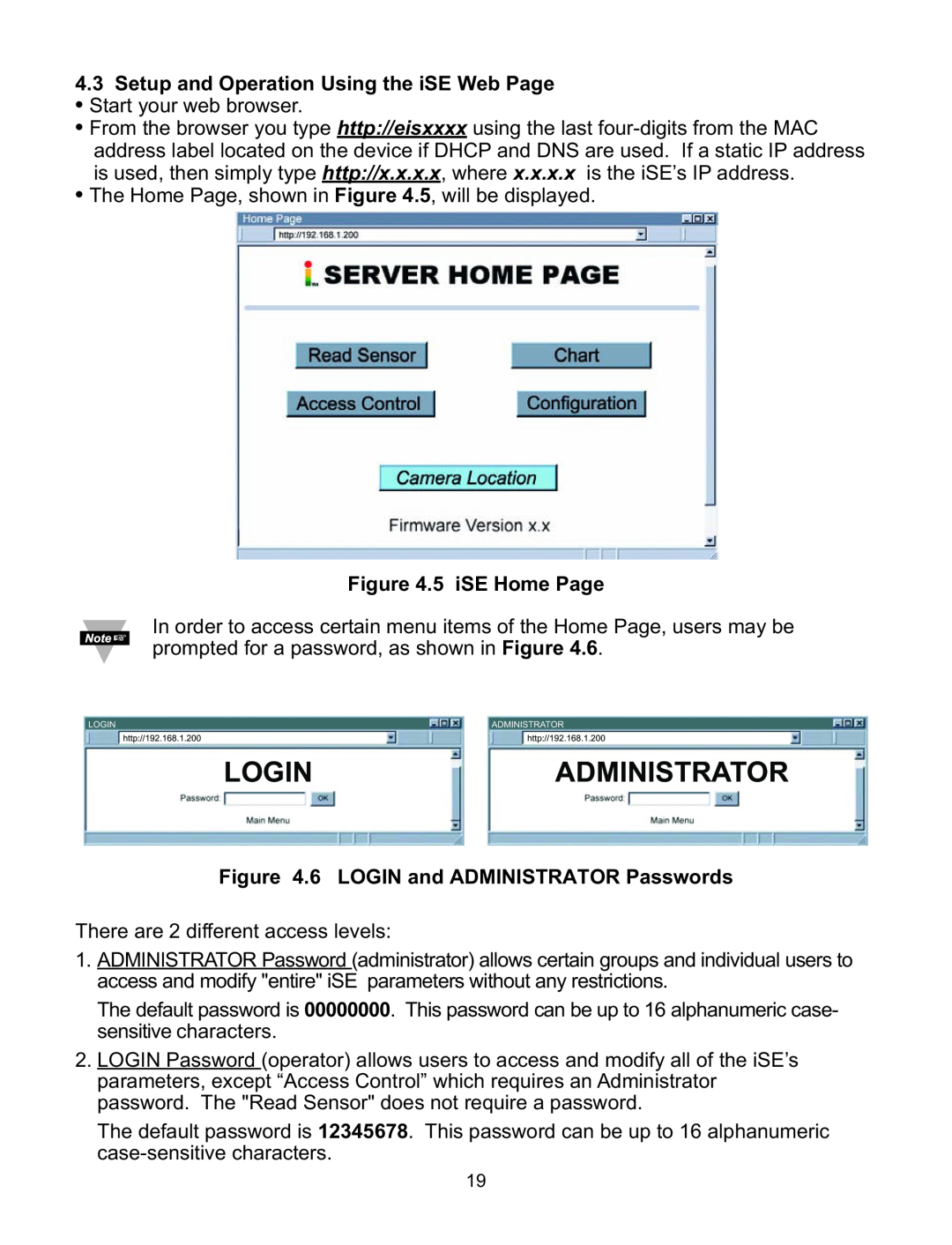 Omega Speaker Systems iSE-TC manual Login, Administrator, 4.3Setup and Operation Using the iSE Web Page, 5 iSE Home Page 
