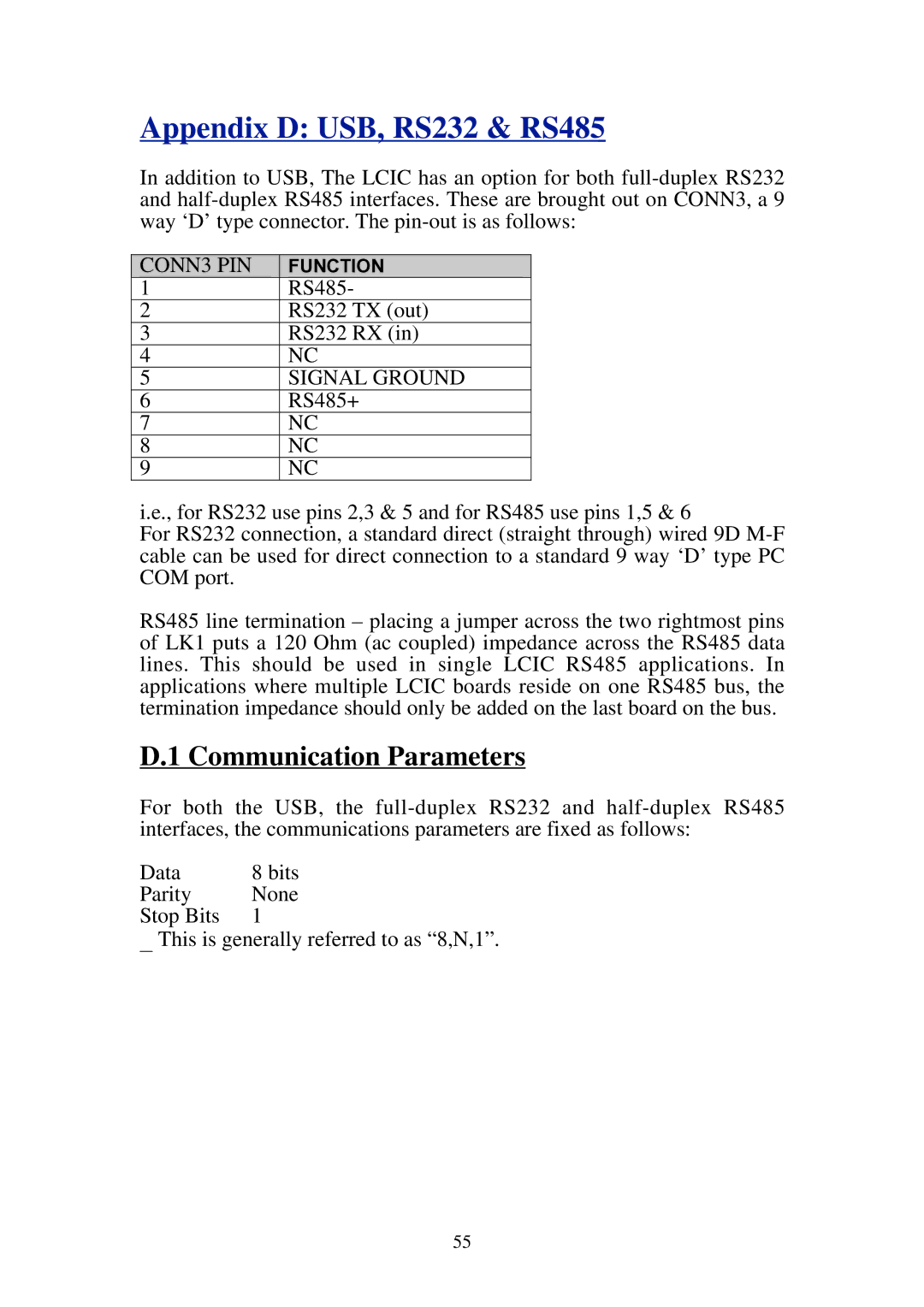 Omega Speaker Systems LCIC-WIM-BEN manual Appendix D USB, RS232 & RS485, Communication Parameters 