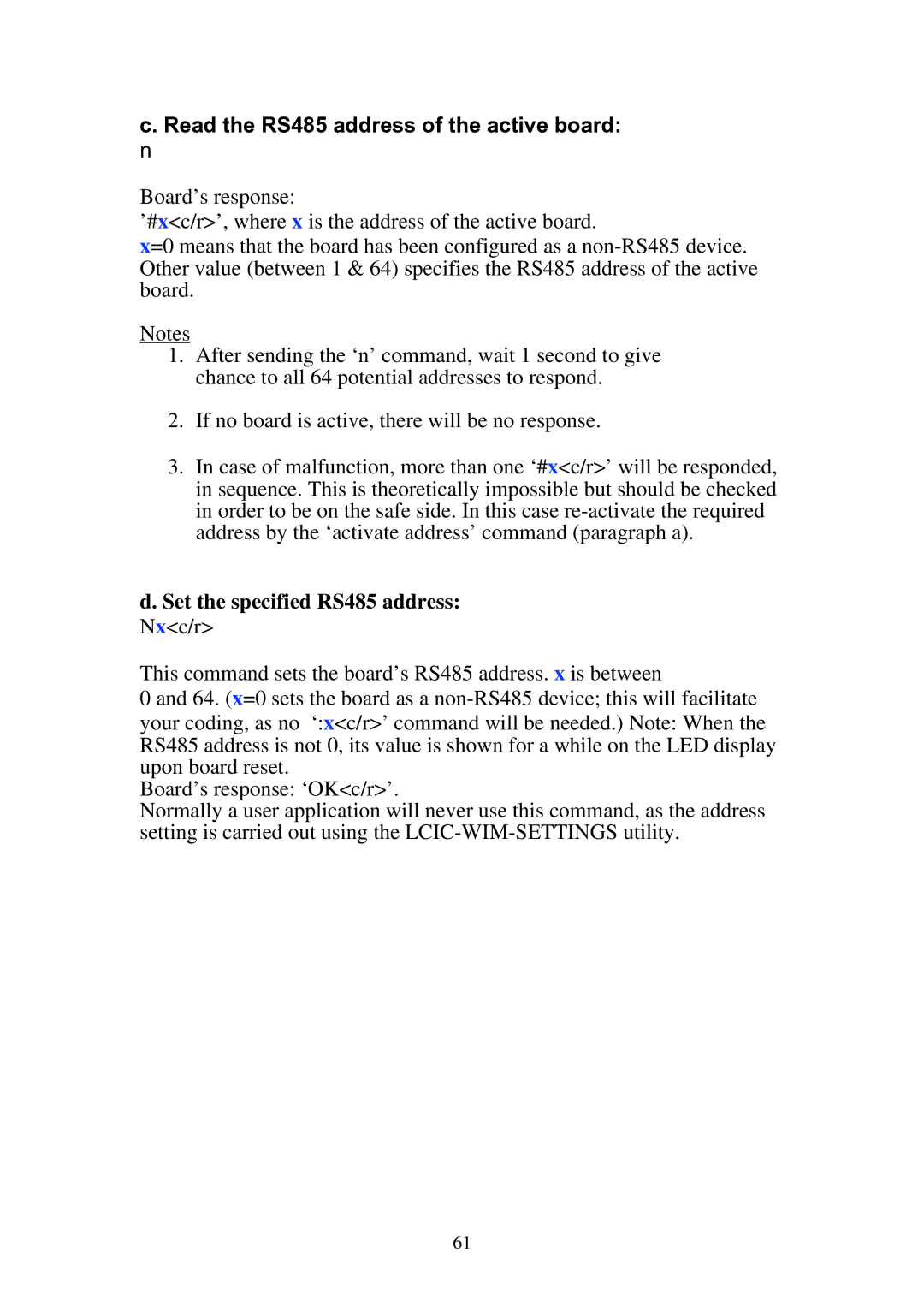 Omega Speaker Systems LCIC-WIM-BEN manual Read the RS485 address of the active board, Set the specified RS485 address 