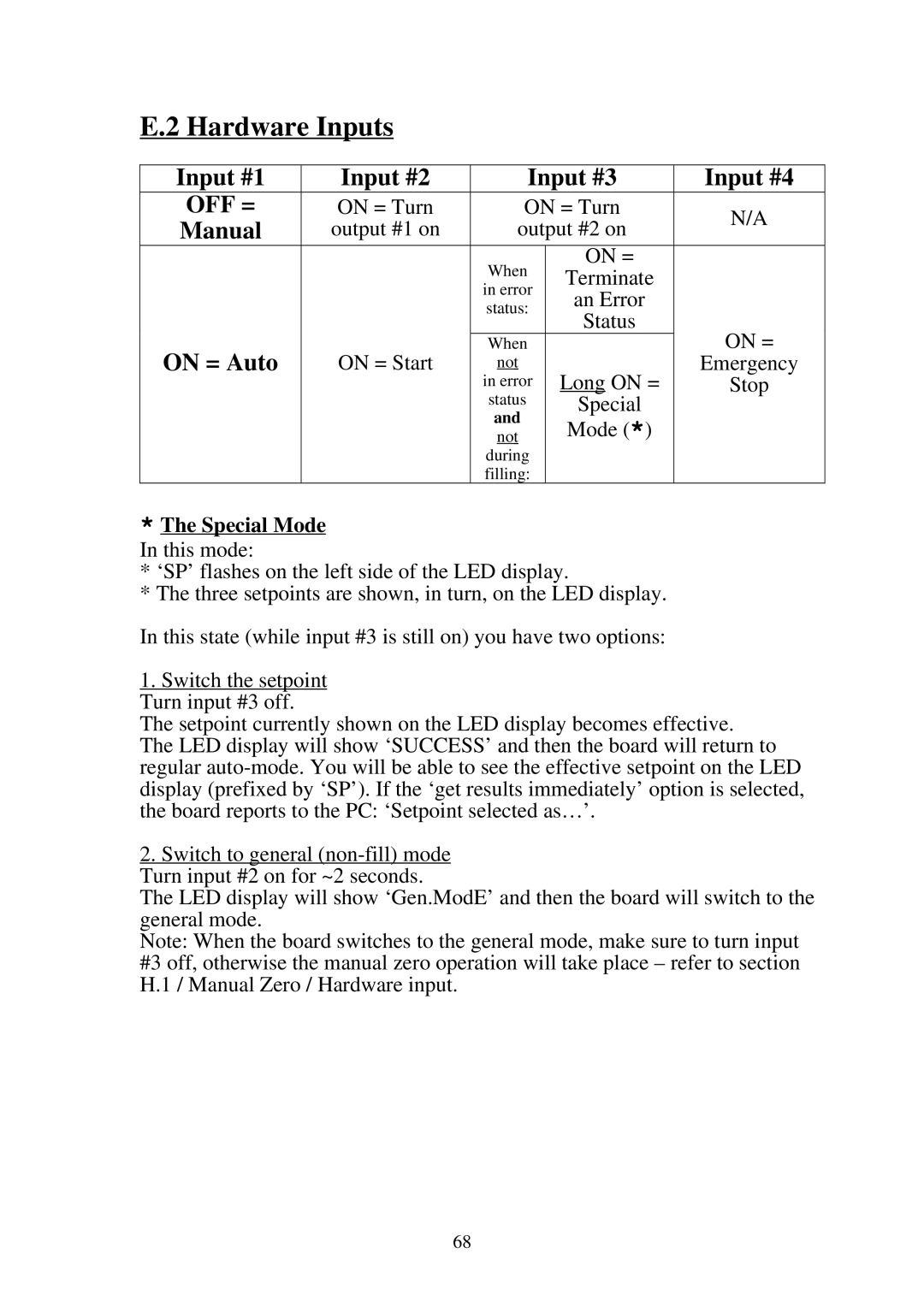 Omega Speaker Systems LCIC-WIM-BEN manual Hardware Inputs, Input #1 Input #2 Input #3 Input #4, Special Mode 