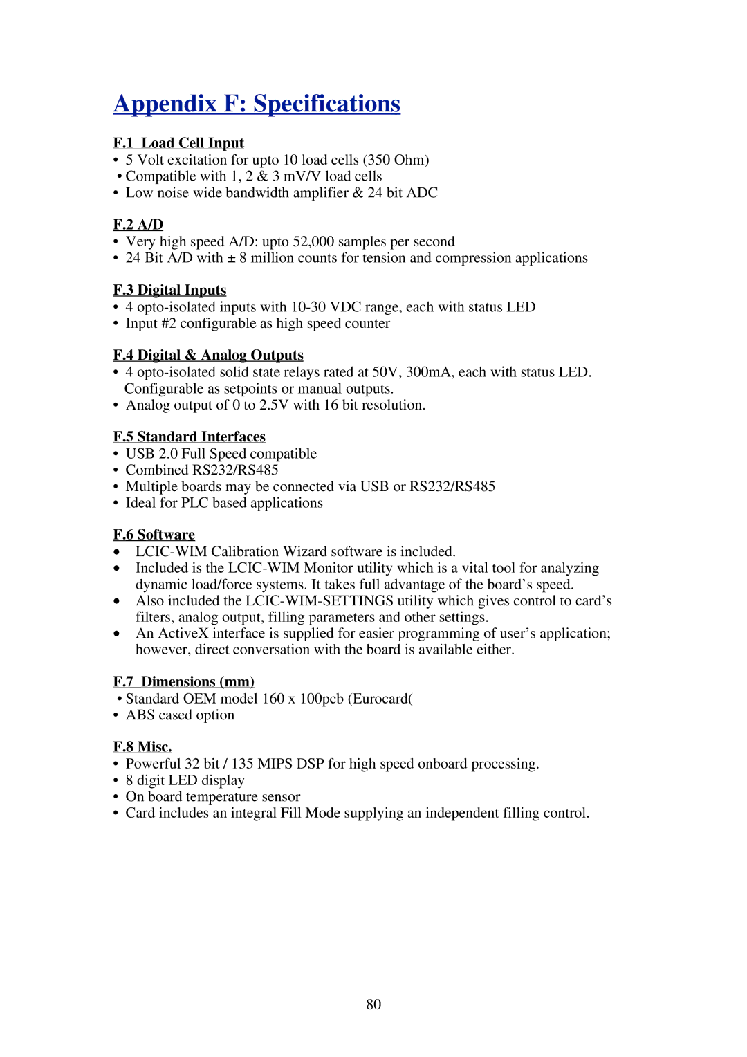 Omega Speaker Systems LCIC-WIM-BEN manual Appendix F Specifications, Load Cell Input 