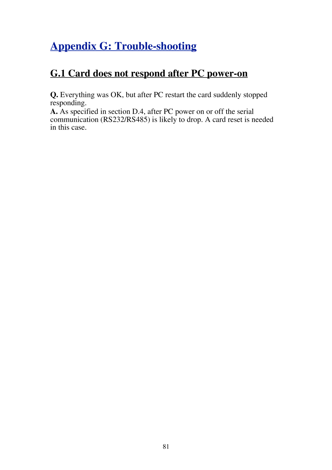 Omega Speaker Systems LCIC-WIM-BEN manual Appendix G Trouble-shooting, Card does not respond after PC power-on 