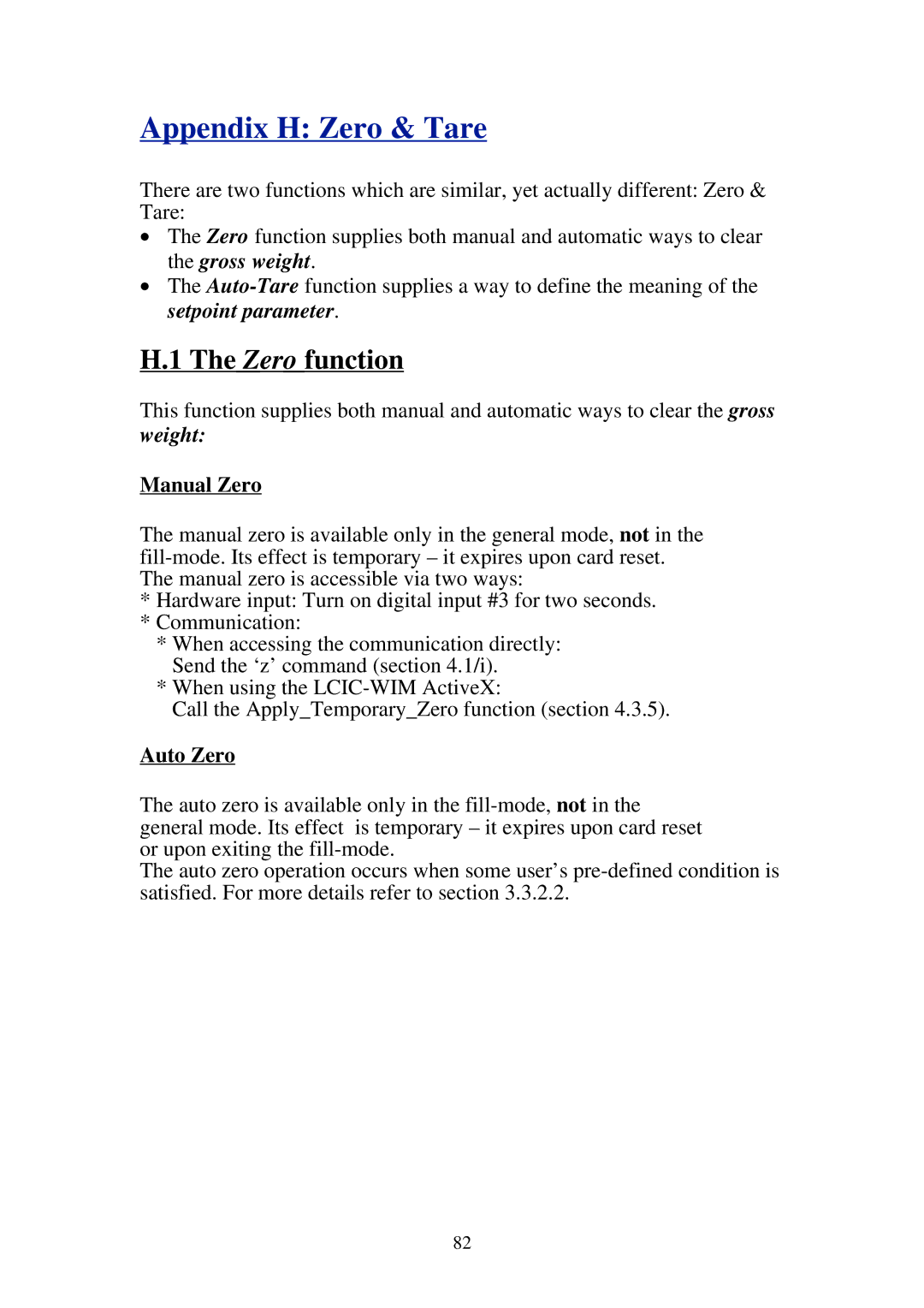 Omega Speaker Systems LCIC-WIM-BEN manual Appendix H Zero & Tare, Zero function, Manual Zero 