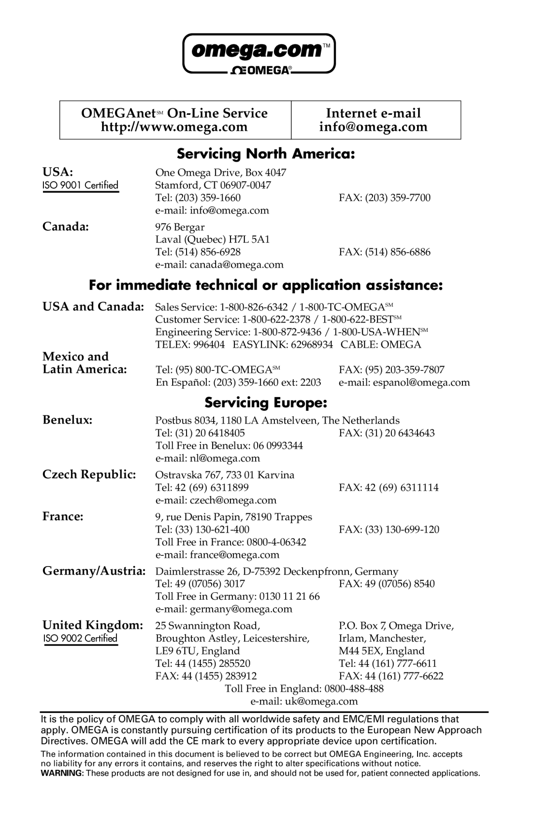 Omega Speaker Systems LV-1102 Servicing North America, For immediate technical or application assistance, Servicing Europe 