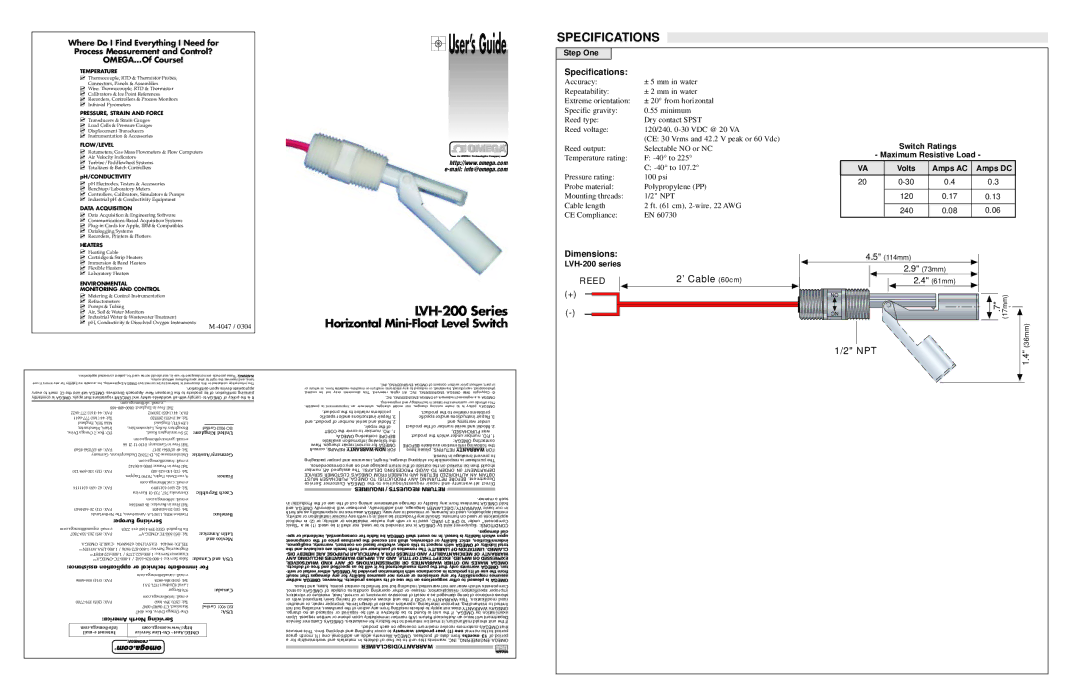 Omega Speaker Systems LVH-200 warranty Specifications, Dimensions 